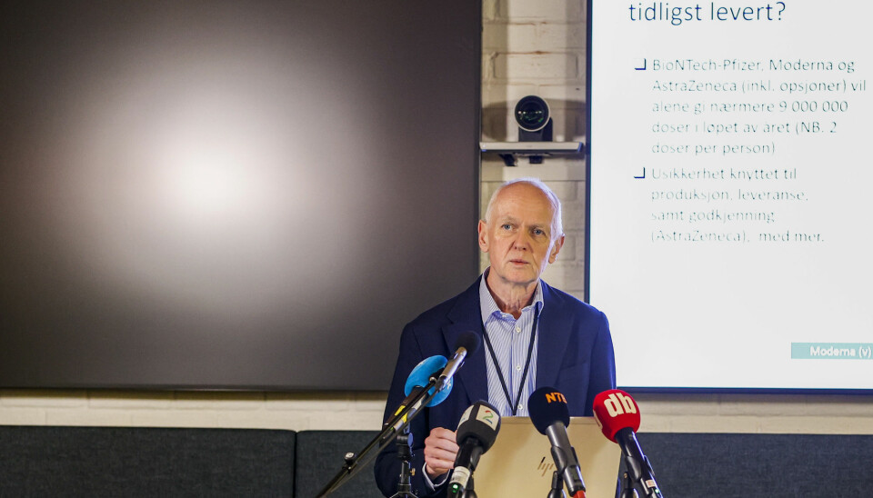 Smitteverndirektør Geir Bukholm i Folkehelseinstituttet redegjorde for status for koronavaksinen på et pressemøte torsdag morgen.