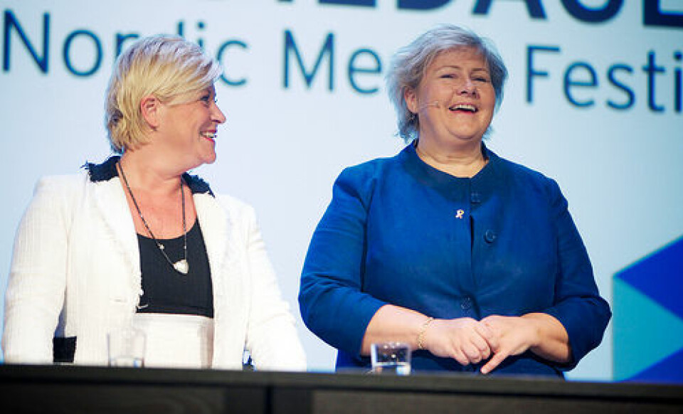 Siv Jensen og Erna Solberg utvider kvinnelige politikeres spillerom i media, men også de utsettes for språk og stereotypier deres mannlige kolleger slipper å forholde seg til. (Foto: Nordiske Mediedager)