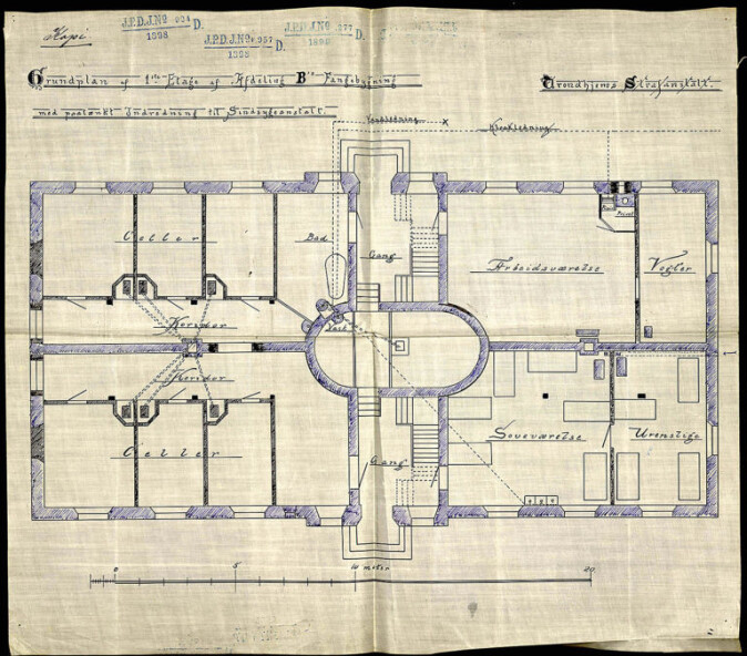 The drawing shows the ground floor of the Criminal Asylum, a “prison building with the intended furnishings for a mental health institution.” The drawing shows the ground floor of the Criminal Asylum, a “prison building with the intended furnishings for a mental health institution.”