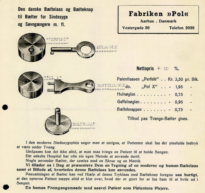 The Pol factory’s ad for lock buttons designed to fit “belts for the mentally insane.” The Pol factory’s ad for lock buttons designed to fit “belts for the mentally insane.”