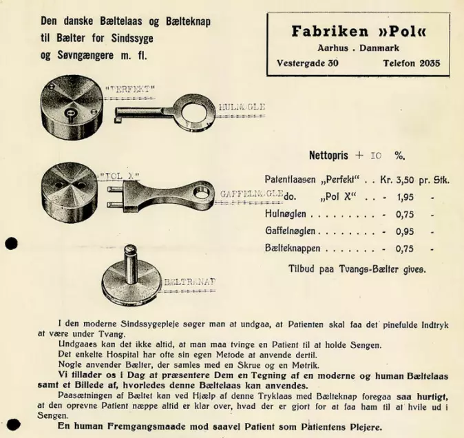 The Pol factory’s ad for lock buttons designed to fit “belts for the mentally insane.”