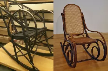 Til høyre har vi en original Thonet-stol fra 1870, til venstre den hjemmelagde kopien på Tromsø museum. (Foto: Hanne Jakobsen/FA2010/Wikimedia Creative Commons)