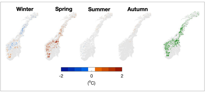 Figuren viser områder i Norge med skogplanting fordelt på ulike årstider, hentet fra modellen i studien. Lokalt kan skogplanting øke lufttemperaturer om våren med så mye som 1 grad. For andre årstider er det liten endring. Helt til høyre vises områder med skogplanting i Norge. Figuren viser områder i Norge med skogplanting fordelt på ulike årstider, hentet fra modellen i studien. Lokalt kan skogplanting øke lufttemperaturer om våren med så mye som 1 grad. For andre årstider er det liten endring. Helt til høyre vises områder med skogplanting i Norge.