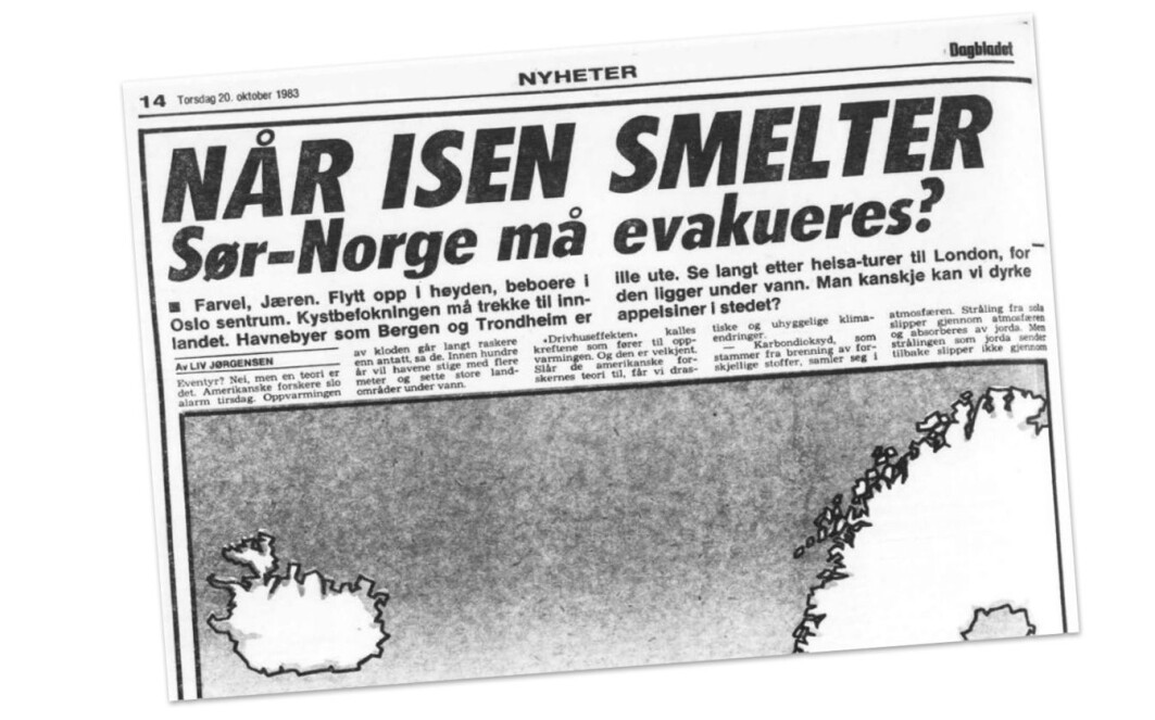Mange journalister var veldig engasjerte og erkjente nok alvoret med klimaendringene ganske tidlig, mener Lars Sandved Dalen. Her er et oppslag i Dagbladet fra 1983 som rapporterer om at amerikanske forskere har slått alarm om oppvarming av kloden. Norske forskere var mer forsiktige. Flere var også mer skeptiske til den amerikanske forskningen. Mange journalister var veldig engasjerte og erkjente nok alvoret med klimaendringene ganske tidlig, mener Lars Sandved Dalen. Her er et oppslag i Dagbladet fra 1983 som rapporterer om at amerikanske forskere har slått alarm om oppvarming av kloden. Norske forskere var mer forsiktige. Flere var også mer skeptiske til den amerikanske forskningen.