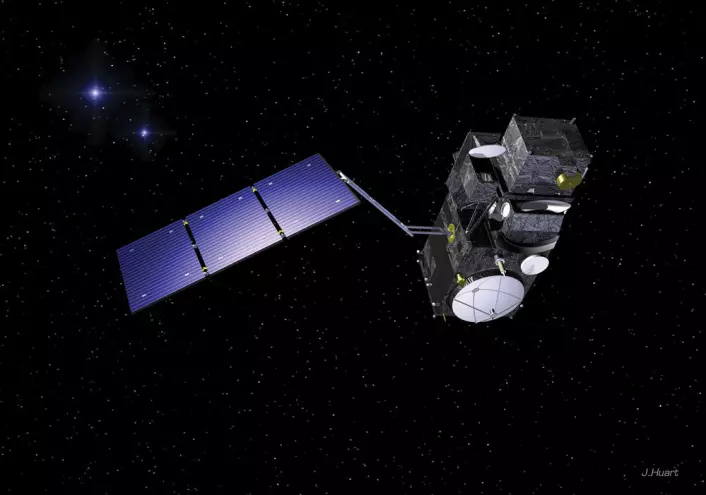 Den nye miljøsatellitten Sentinel 3 skal måle topografi, temperatur og farge på både havet og landjorda. (Foto: (Illustrasjon: ESA/Huart))