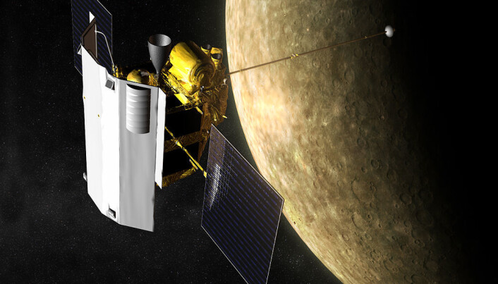 MESSENGER-sonden, slik en kunstner ser for seg at det så ut mens den gikk i bane rundt planeten. MESSENGER-sonden, slik en kunstner ser for seg at det så ut mens den gikk i bane rundt planeten.