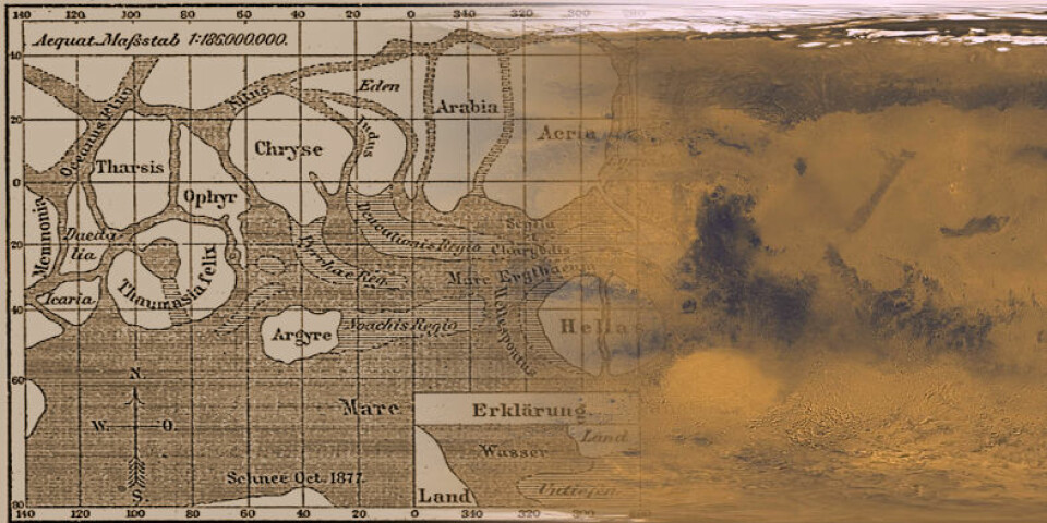 T.v: Marskart, tegnet av Schiaparelli i 1888. T.h: Marskart, laget ut fra fotografier fra romsonder. (Foto: (Bilde: Meyers Konversations-Lexikon/NASA))