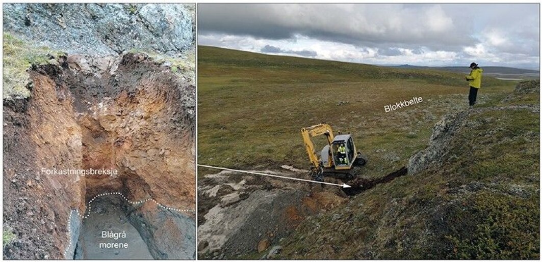 Bildet til venstre fra Stuoragurra-forkastningen, her like nordøst for Masi i Kautokeino. viser såkalt forkastningsbreksje, som her består av knust kvartsitt i et sammenpresset lag over eksisterende morenemateriale. Bildet til høyre viser steinblokker i et belte foran skrenten som er skapt av skjelv. Bildet til venstre fra Stuoragurra-forkastningen, her like nordøst for Masi i Kautokeino. viser såkalt forkastningsbreksje, som her består av knust kvartsitt i et sammenpresset lag over eksisterende morenemateriale. Bildet til høyre viser steinblokker i et belte foran skrenten som er skapt av skjelv.