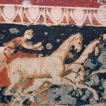 Veggmaleri fra en grav i Vergina - men ikke Kong Philip IIs grav. (Illustrasjonsfoto: Wikimedia Commons) Veggmaleri fra en grav i Vergina - men ikke Kong Philip IIs grav. (Illustrasjonsfoto: Wikimedia Commons)