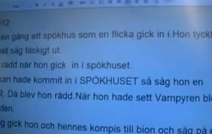 Fortelling fra elever i første klasse i skole i Sollentuna utenfor Stockholm som er med på Write to Learn-forsøk. (Foto: (Bilde: Fra video på YouTube av Arne Trageton))