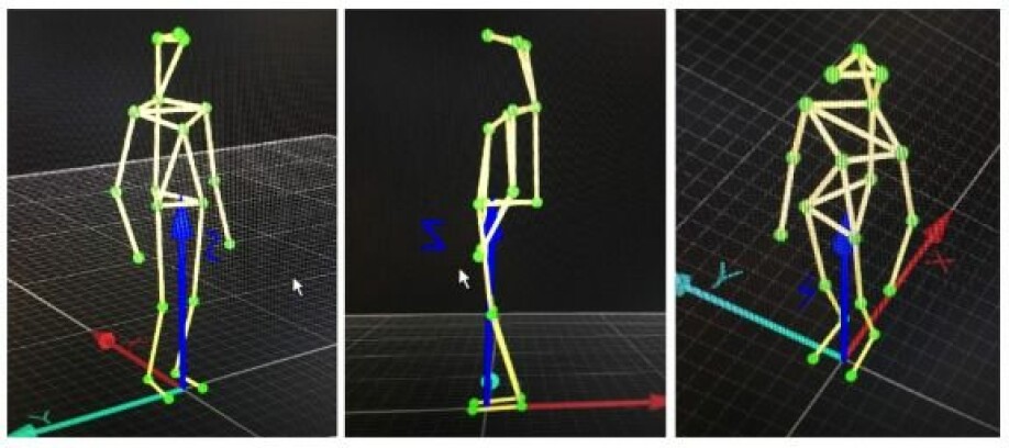 An example of a motion capture stick figure. Three different planes show the placement of the 20 motion capture markers on the body.