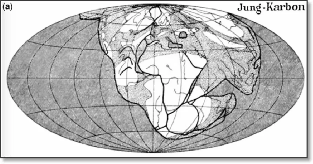 I 1929 skrev Alfred Wegener en forskningsartikkel som han illustrerte med dette bildet av hvordan kontinentene lå sammen for drøyt 400 millioner år siden. Da ble også fjellkjeden Kaledonidene dannet i sammenstøtet mellom Grønland og Norge, øverst på tegningen.