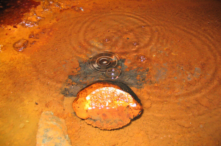 Gass bobler ut av bakken dypt nede i en kobber- og sinkgruve nær byen Timmins i Ontario, Canada. Gassen har en kjemisk sammensetning som kan gi næring til mikrober som lever i dype vannlommer langt under bakken. (Foto: J. Telling) Gass bobler ut av bakken dypt nede i en kobber- og sinkgruve nær byen Timmins i Ontario, Canada. Gassen har en kjemisk sammensetning som kan gi næring til mikrober som lever i dype vannlommer langt under bakken. (Foto: J. Telling)