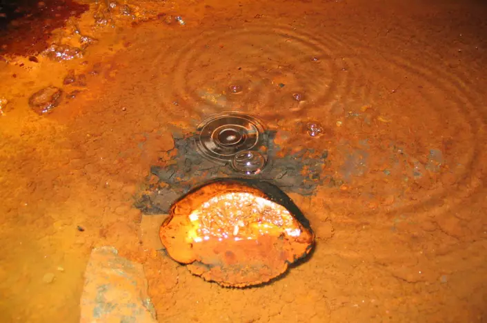 Gass bobler ut av bakken dypt nede i en kobber- og sinkgruve nær byen Timmins i Ontario, Canada. Gassen har en kjemisk sammensetning som kan gi næring til mikrober som lever i dype vannlommer langt under bakken. (Foto: J. Telling)