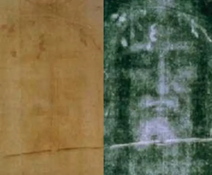 Til venstre: Ansiktet på likkledet i Torino, slik det egentlig ser ut. Til høyre: Ansiktet invertert, som et negativ, og kontraster forsterket. (Foto: (Bilde: Wikimedia Commons))