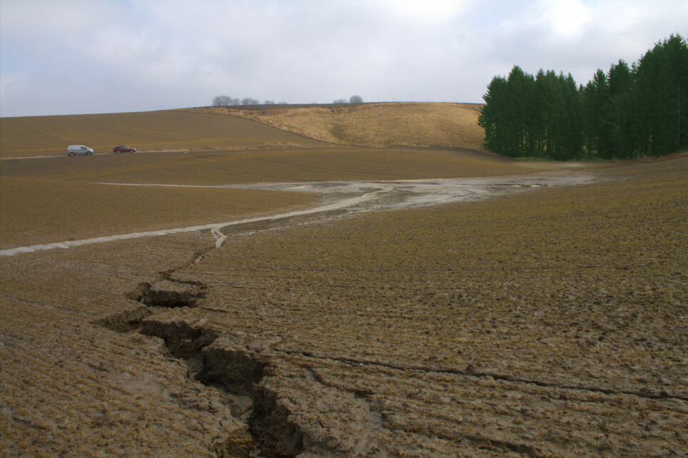 Erosjon betyr at jord og partikler flytter seg, ofte på grunn av regn og vind, til et sted der verken jord eller næring kommer til nytte. Bildet viser erosjon på et jorde i Trøgstad, Indre Østfold.