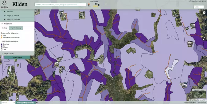 Flate- og drågerosjonskart fra Hortenområdet. Her er drågerosjonskartet lagt oppå flateerosjonskartet.