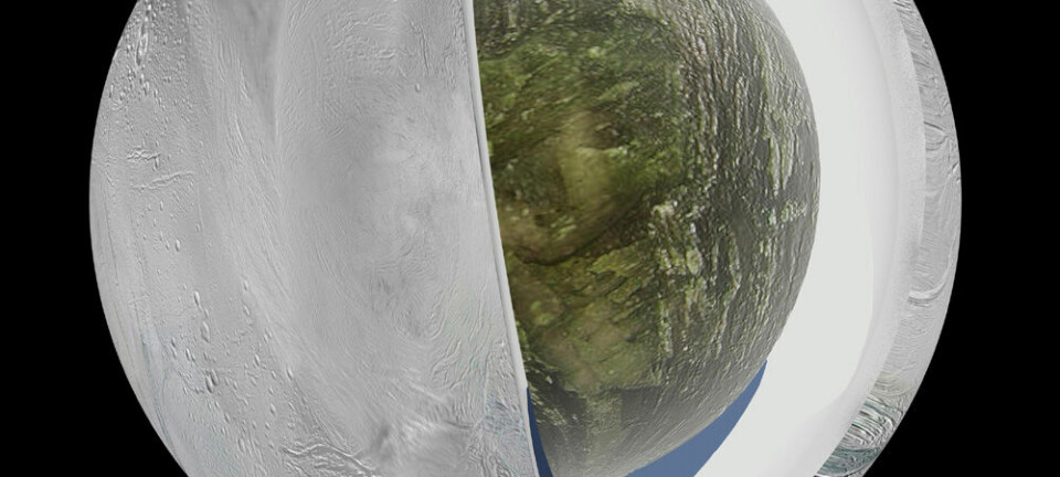 Slik kan Saturns måne Enceladus se ut inni, hvis de siste resultatene fra romsonden Cassini stemmer. Ved månens sydpol, der også kryovulkaner med sprut av blandt annet vann spruter ut, er et hav under 30 til 40 kilometer med is. NASA/JPL
