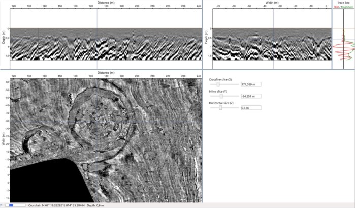 The findings included traces of 15 burial mounds. The size and design of the burial mounds are typical of the period 650 to 950 CE. Click on the image for a close-up view. The findings included traces of 15 burial mounds. The size and design of the burial mounds are typical of the period 650 to 950 CE. Click on the image for a close-up view.