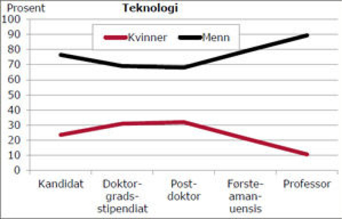 Andelen kvinner og menn på ulike nivå i karrierestigen innen teknologi i 2011. Bare 1 av 4 kandidater og bare 1 av 10 professorer er kvinner. (Foto: Illustrasjon: NIFU) Andelen kvinner og menn på ulike nivå i karrierestigen innen teknologi i 2011. Bare 1 av 4 kandidater og bare 1 av 10 professorer er kvinner. (Foto: Illustrasjon: NIFU)