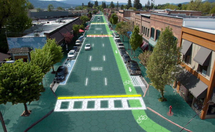 Simulering av hvordan en vei dekket med lysende oppmerking kan se ut. (Foto: (Grafikk: Sam Cornett/Solar Roadways)) Simulering av hvordan en vei dekket med lysende oppmerking kan se ut. (Foto: (Grafikk: Sam Cornett/Solar Roadways))