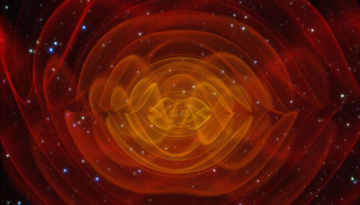 Datagenerert visualisering av gravitasjonsbølger fra en sammensmeltning av to sorte hull. Datagenerert visualisering av gravitasjonsbølger fra en sammensmeltning av to sorte hull.