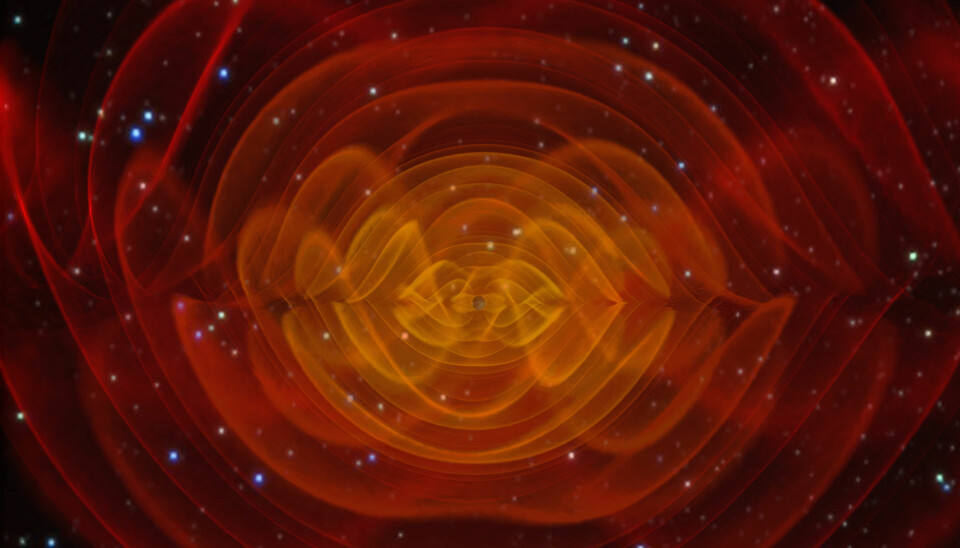 Datagenerert visualisering av gravitasjonsbølger fra en sammensmeltning av to sorte hull.