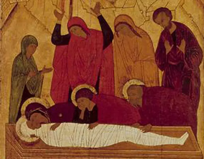  (Foto: (Maleri: Ukjent kunstner: Gravleggelsen av Jesus, russisk ikon, Tretiakovgalleriet, Moskva.))