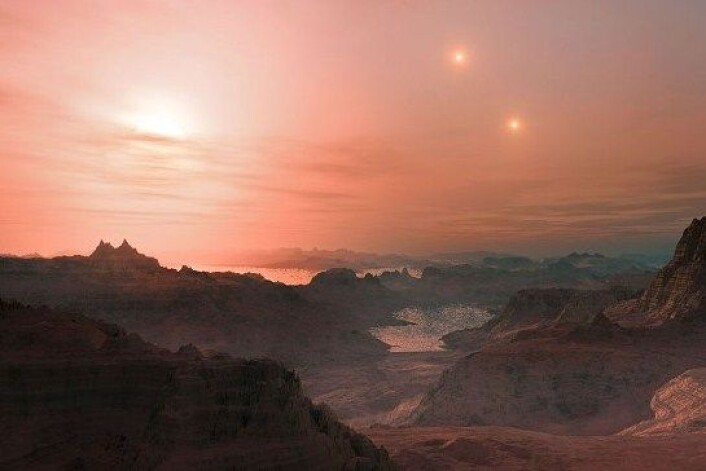 En kunstners tolkning av solnedgangen på Gliese 667Cc. (Foto: European Southern Observatory (ESO)) En kunstners tolkning av solnedgangen på Gliese 667Cc. (Foto: European Southern Observatory (ESO))