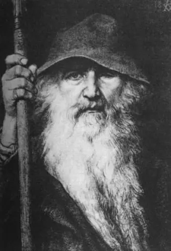 Den nordiske guden Odin er blitt portrettert på mange ulike måter gjennom historien. Ofte som kriger på hesterygg. Her er han imidlertid som vandringsmann. (Foto: (Tegning: Georg von Rosen, 1886/Wikipedia Commons))
