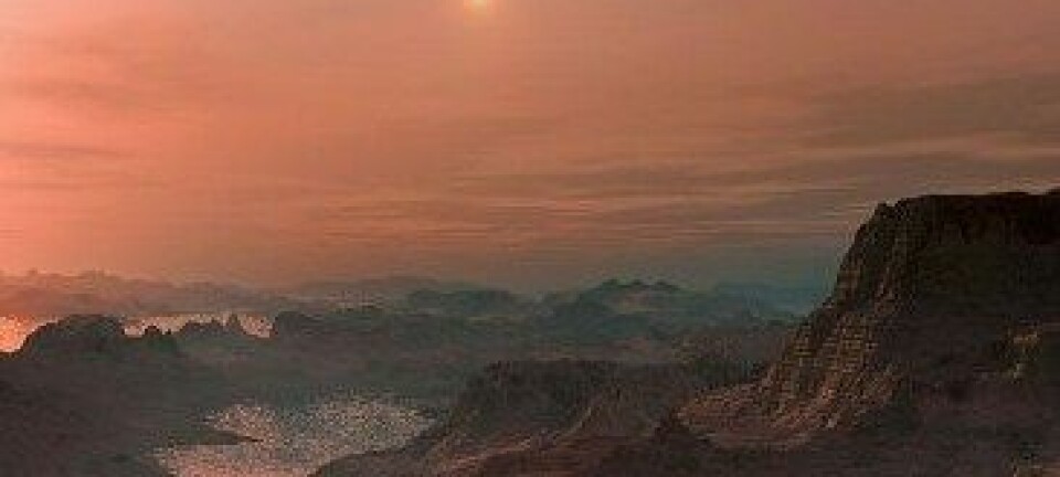 En kunstners tolkning av solnedgangen på Gliese 667Cc. European Southern Observatory (ESO)