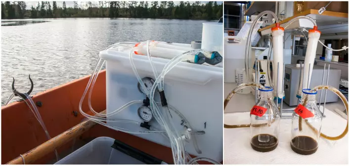 Ultrafiltrering av vann fra båt (a) og tømming av ultrafilter på laboratoriet. I det brune konsentratet fra 100 L innsjøvann kan molekylære metoder benyttes til å påvise og kvantifisere A. astaci sporer. (Foto: David Strand)
