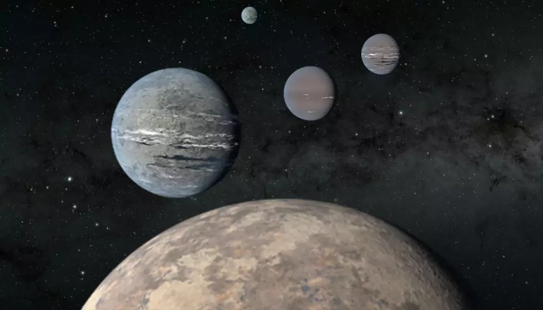 Slik ser forskerne for seg planetene rundt den fremmede stjernen TOI-1233. Nå er de blitt fem! Foran ser du steinplaneten og de tre Neptun-lignende planetene som elevene og forskerne først oppdaget. Lengst unna ligger enda en planet, som ble oppdaget etterpå.
