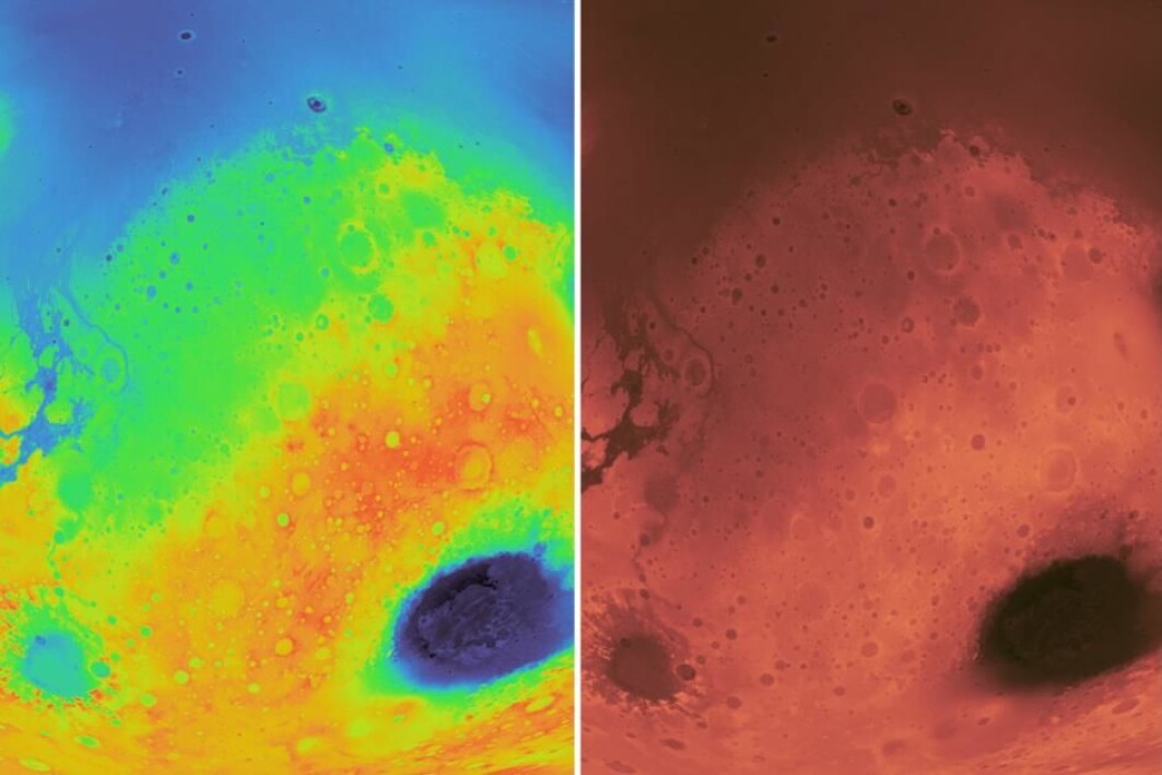Begge bildene viser samme utsnitt av topografien på Mars. Til venstre med et fargekart basert på regnbuen, til høyre med et vitenskapelig fargekart. Begge bildene viser samme utsnitt av topografien på Mars. Til venstre med et fargekart basert på regnbuen, til høyre med et vitenskapelig fargekart.