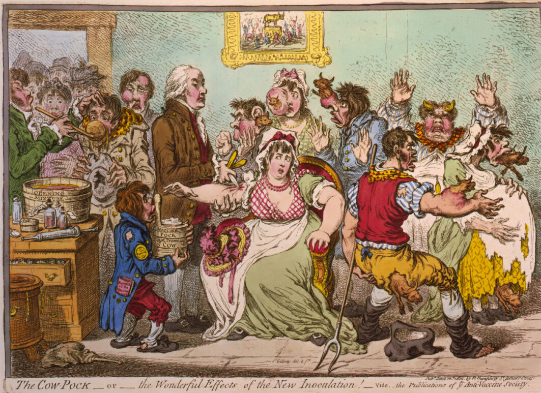 Puss fra blemmer på kuer med sykdommen kopper, ble brukt i den første moderne vaksinen. Mange var skeptiske, som denne karikaturen fra 1802 handler om. Puss fra blemmer på kuer med sykdommen kopper, ble brukt i den første moderne vaksinen. Mange var skeptiske, som denne karikaturen fra 1802 handler om.