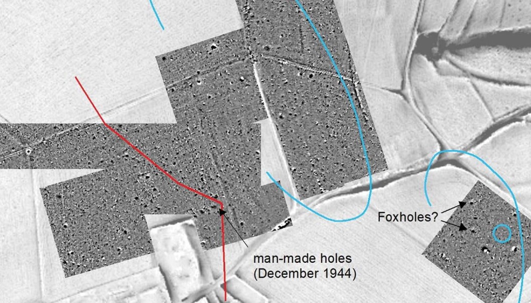 Et utdrag av oversikten av slagmarken, laget av forskerne. De mørkere feltene er undersøkt med instrumenter som finner former og gjenstander under bakken. Et utdrag av oversikten av slagmarken, laget av forskerne. De mørkere feltene er undersøkt med instrumenter som finner former og gjenstander under bakken.
