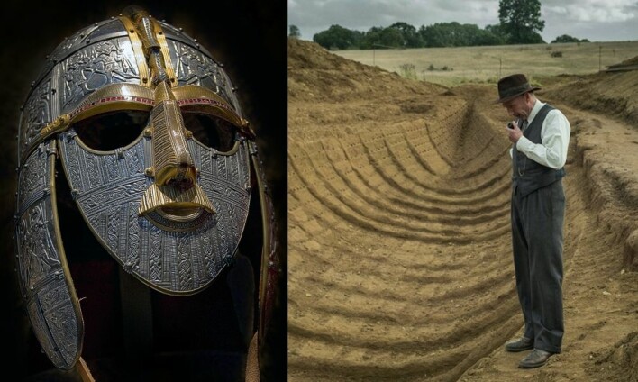 En kopi av Sutton Hoo-hjelmen og en scene fra Netflix-filmen «The Dig» med skuespilleren Ralph Fiennes i hovedrollen som den lokale amatørarkeologen Basil Brown under utgravingen i 1939.