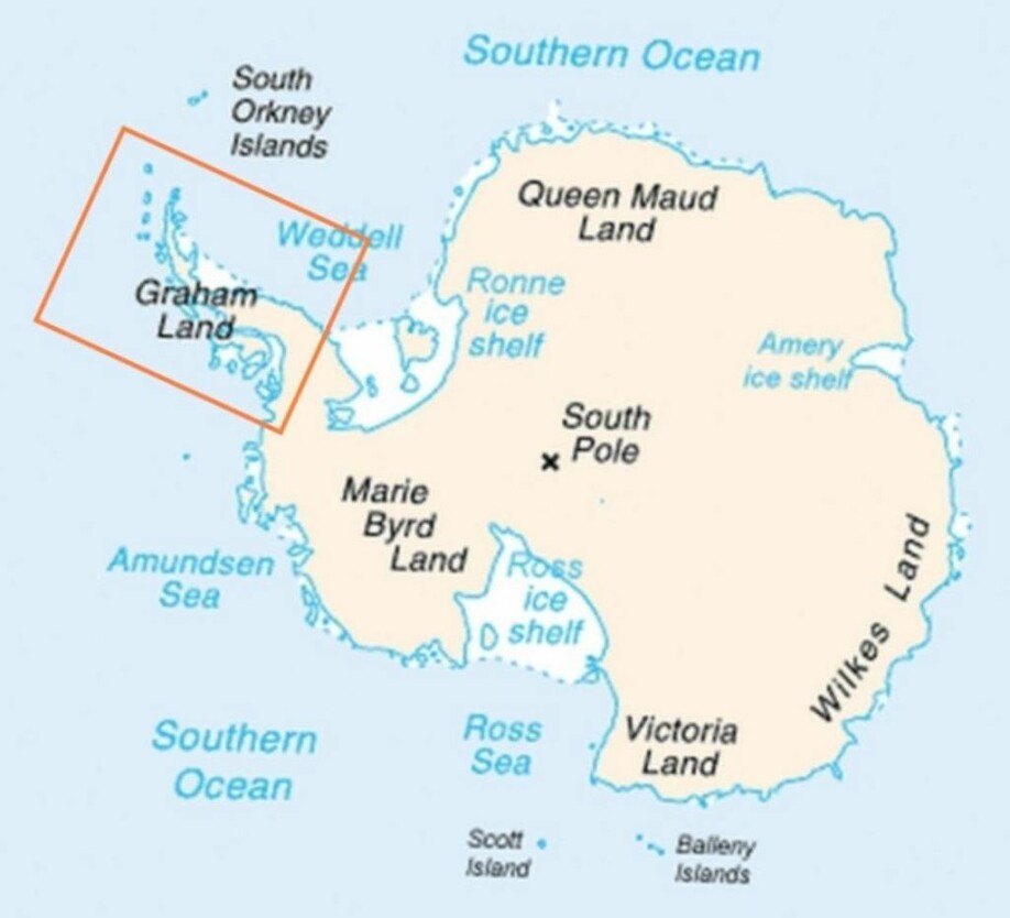 Antarktishalvøya merket med en firkant.
