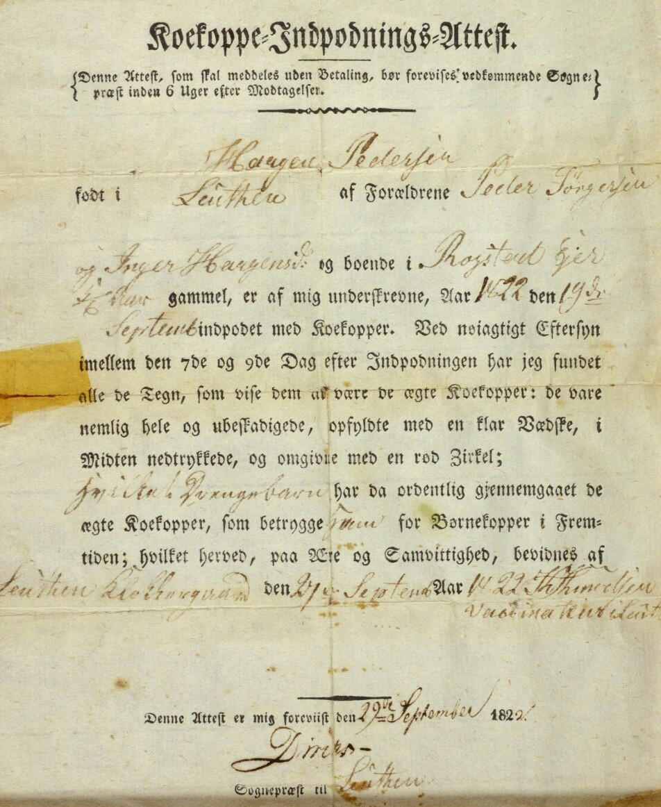 Sognepresten i Løten underskrev attesten som viste at Haagen Pedersen hadde blitt vaksinert med kukopper i 1822.