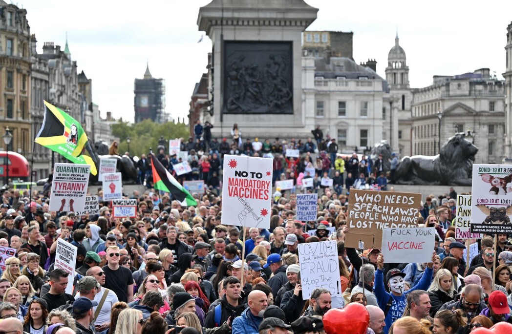 Demonstrasjoner mot koronavaksinen og strenge smittevernstiltak i London, september 2020. Demonstrasjoner mot koronavaksinen og strenge smittevernstiltak i London, september 2020.