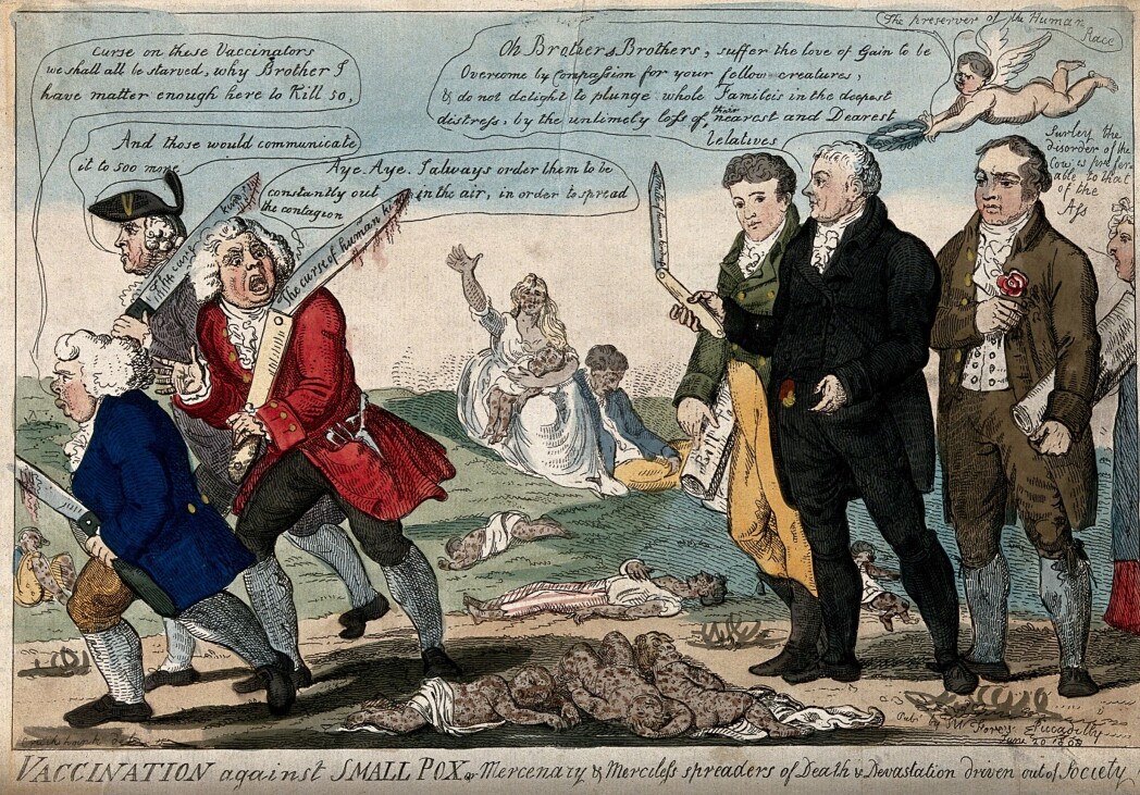 Vaksinenes far, Edward Jenner, og to kollegaer jager bort tre vaksinemotstandere mens barn som har dødd av kopper ligger strødd, i denne illustrasjonen fra 1808. Vaksinenes far, Edward Jenner, og to kollegaer jager bort tre vaksinemotstandere mens barn som har dødd av kopper ligger strødd, i denne illustrasjonen fra 1808.