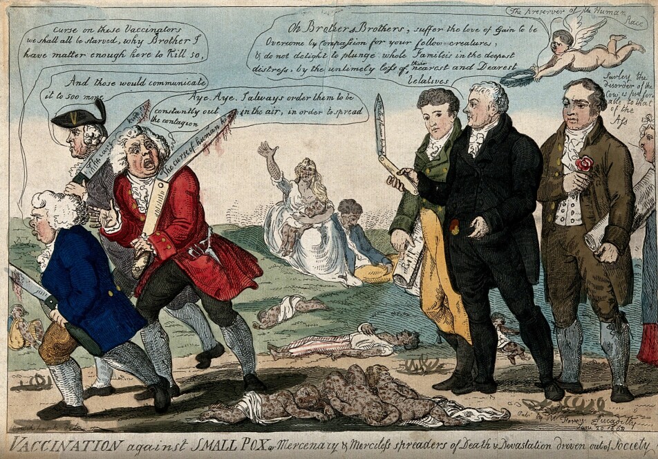 Vaksinenes far, Edward Jenner, og to kollegaer jager bort tre vaksinemotstandere mens barn som har dødd av kopper ligger strødd, i denne illustrasjonen fra 1808.