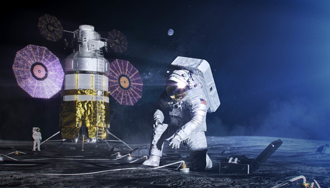 En kunstners framstilling av amerikanske astronauter på månen, med den nye xEMU-romdrakten. En kunstners framstilling av amerikanske astronauter på månen, med den nye xEMU-romdrakten.
