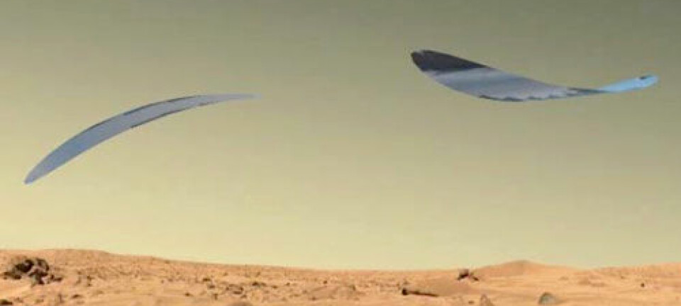 De flaksende vingene på marsflyet som Pamela Menges har foreslått, har kunstig intelligens i tynn, bøyelig film og drives av solceller. (Illustrasjon: Pamela Menges, Aerospace Research Systems Inc/NASA NIAC)