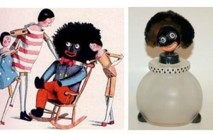 Til venstre, barnebokforfatter Florence Kate Uptons "Golliwog", bildet ved siden av viser en parfymeflaske fra 1920-tallet. (Foto: (Illustrasjon: Golliwog)) Til venstre, barnebokforfatter Florence Kate Uptons "Golliwog", bildet ved siden av viser en parfymeflaske fra 1920-tallet. (Foto: (Illustrasjon: Golliwog))