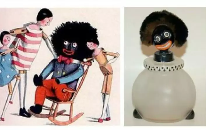 Til venstre, barnebokforfatter Florence Kate Uptons "Golliwog", bildet ved siden av viser en parfymeflaske fra 1920-tallet. (Foto: (Illustrasjon: Golliwog))