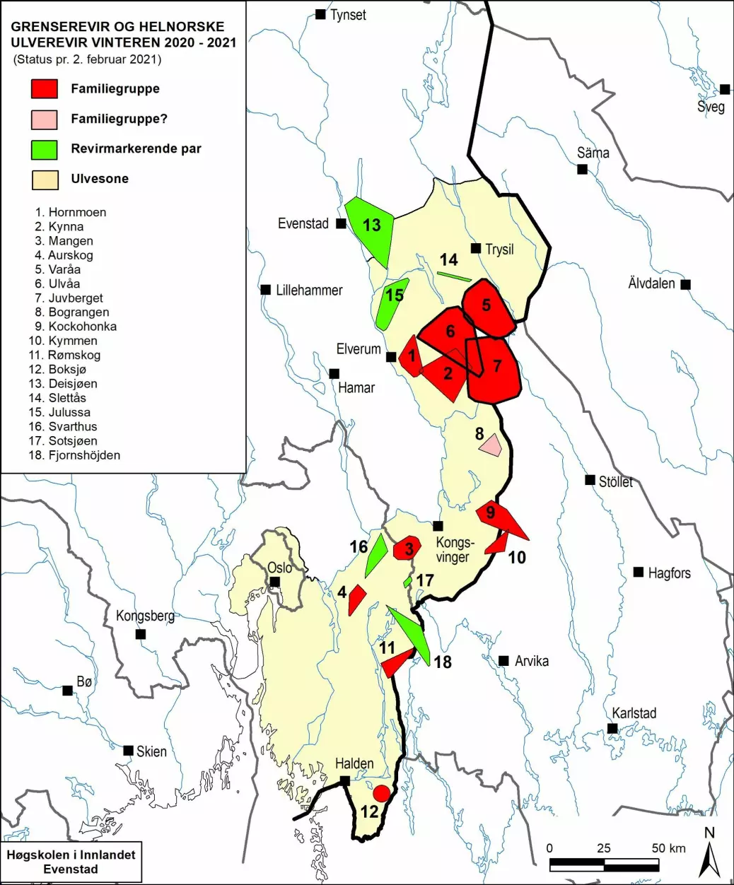 Utbredelse av helnorske og svensk-norske ulverevir som foreløpig er kartlagt per 2. februar vinteren 2020–2021. De oppgitte revirgrenser er minimumsgrenser. Sirkel angir revir med utilstrekkelig informasjon om revirgrenser.