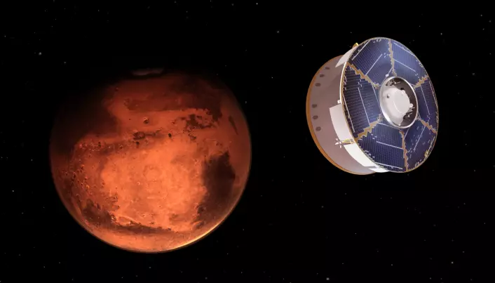 Illustrasjonen viser Mars 2020 romfartøyet nærme seg den røde planeten, med roveren Perseverance om bord.