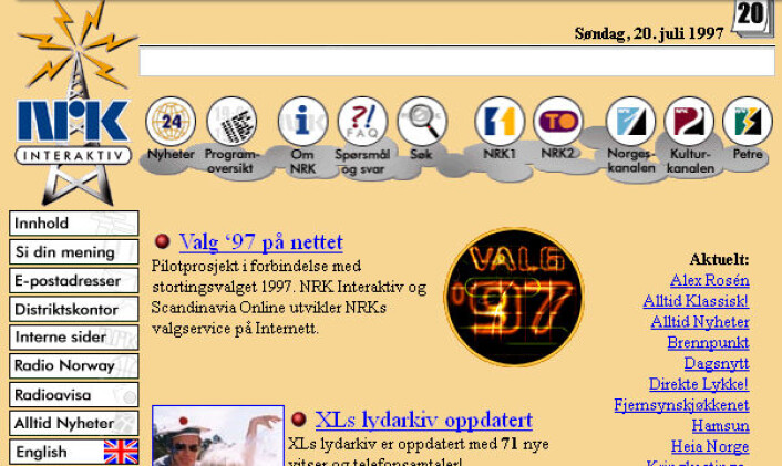 NRKs forside, søndag søndag 20. juli 1997 (Foto: (Bilde: Wayback Machine/NRK)) NRKs forside, søndag søndag 20. juli 1997 (Foto: (Bilde: Wayback Machine/NRK))