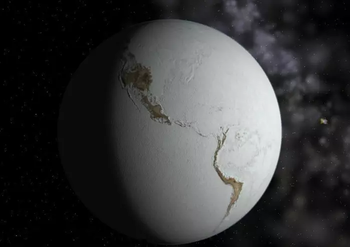 Illustrasjon av snøballjorden. Kontinentene på dette bildet er plassert som i dag, men for over 600 millioner år siden så det helt annerledes ut.